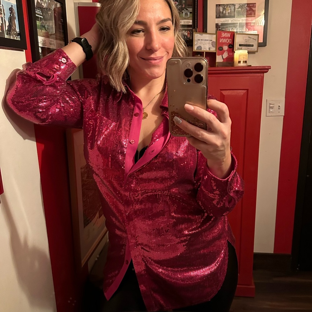 Fuchsia Pink Sequin Collared Boyfriend Shirt